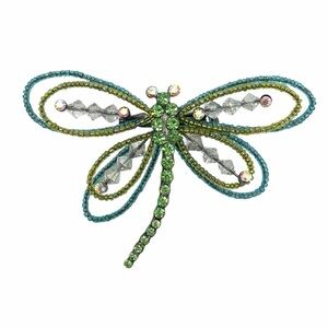 Vintage Beaded Dragonfly Brooch Green Blue Clear Glass Rhinestone Deco Style Pin